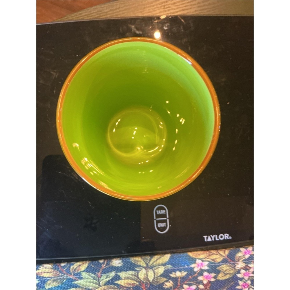 Vintage Dansk Green Borderline 4" Cased Glass Tumbler w/ Orange Rim - Picture 2 of 5